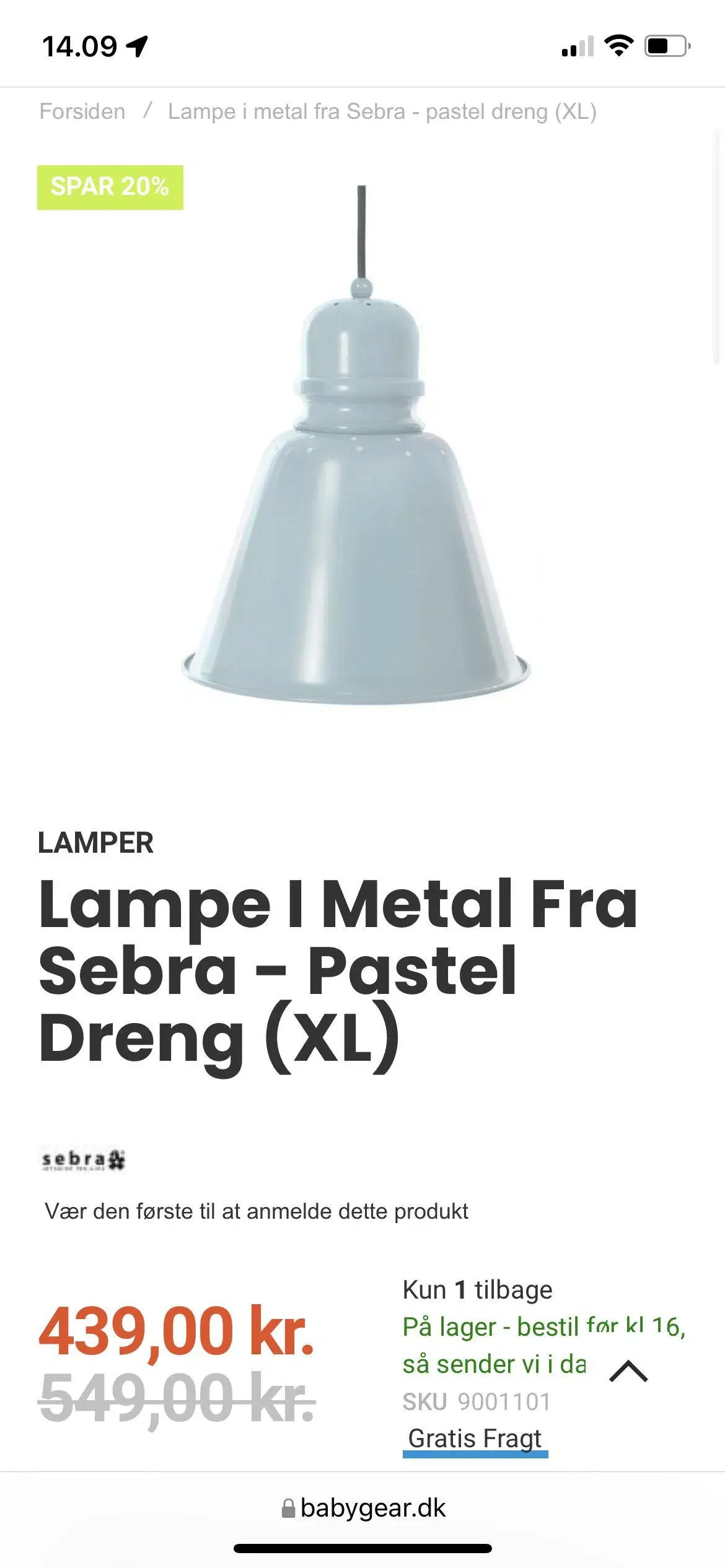 NY! SEBRA loftlampe XL i pastel blå