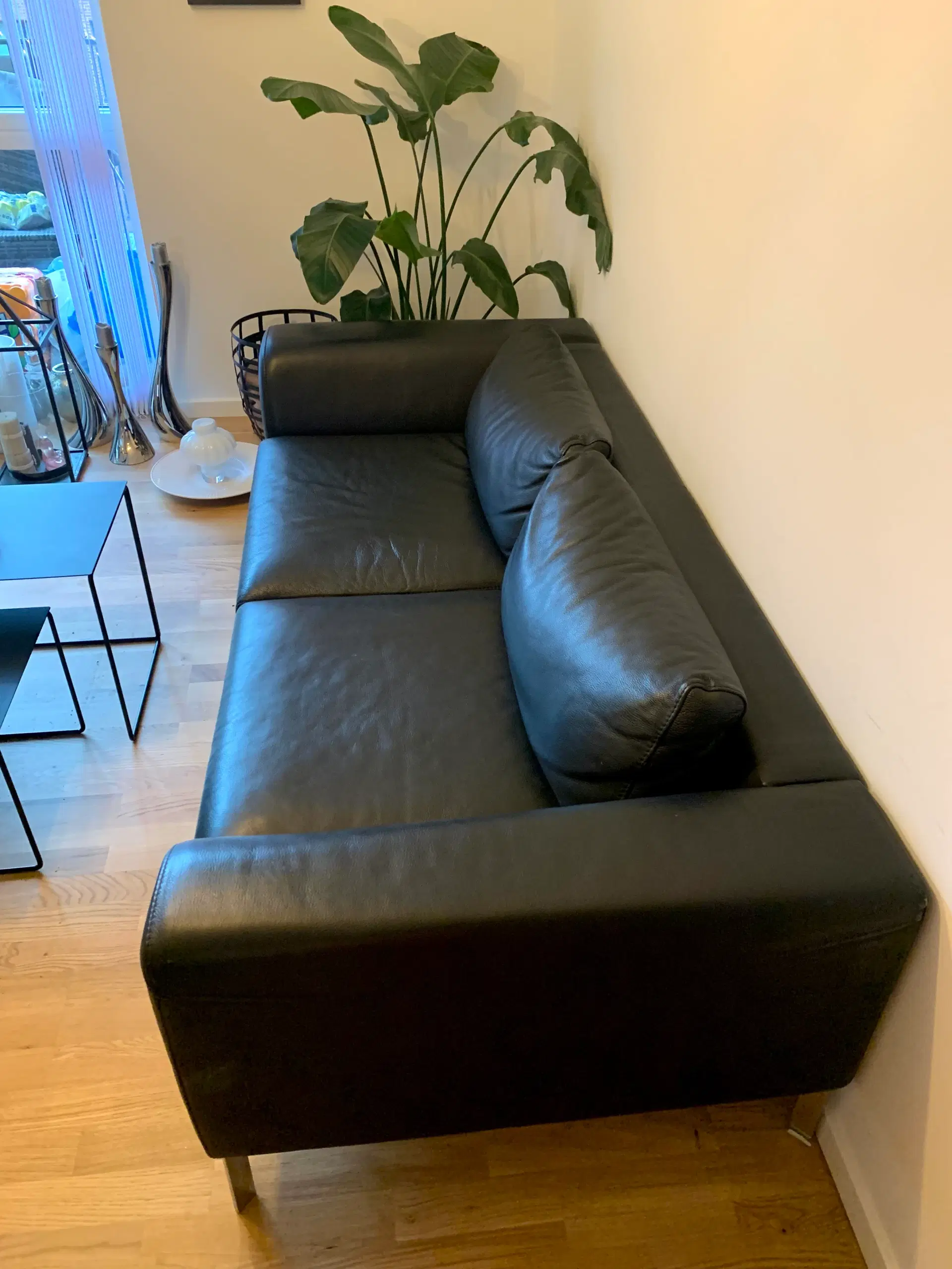 Lædersofa sort - 200 cm