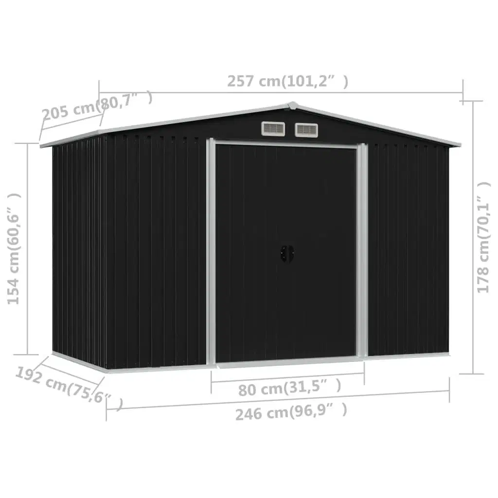 Opbevaringsskur til haven 257x205x178 cm stål antracitgrå