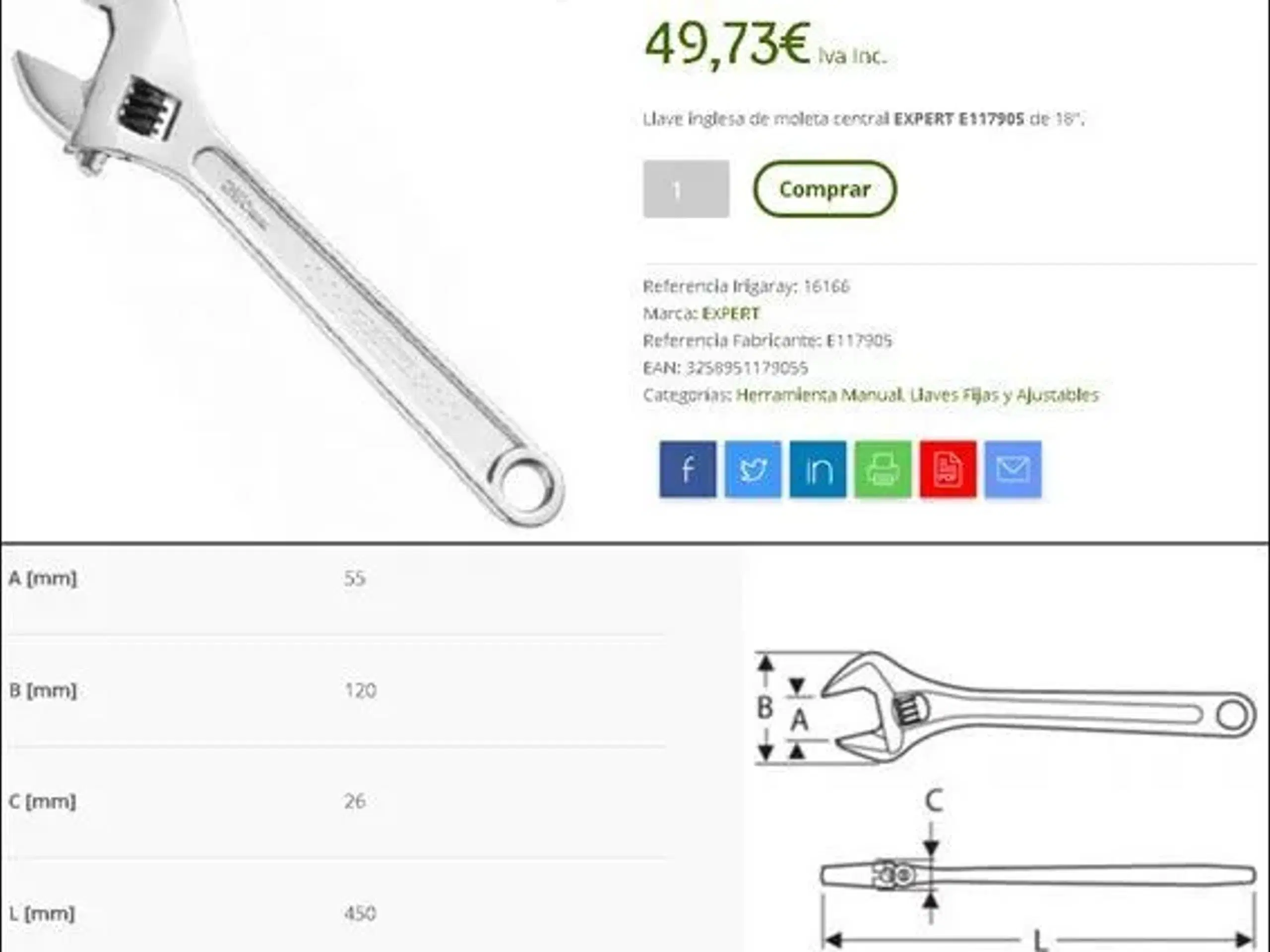 Ny 450 mm skruenøgle/skiftenøgle