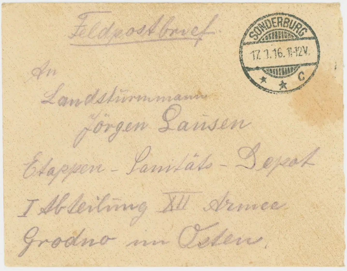 Feltpostbrev 1916 Sønderborg