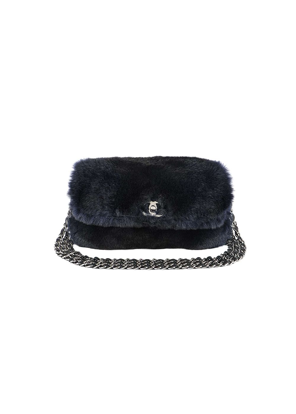 Preowned Chanel Navy Orylag Fur Flap Bag