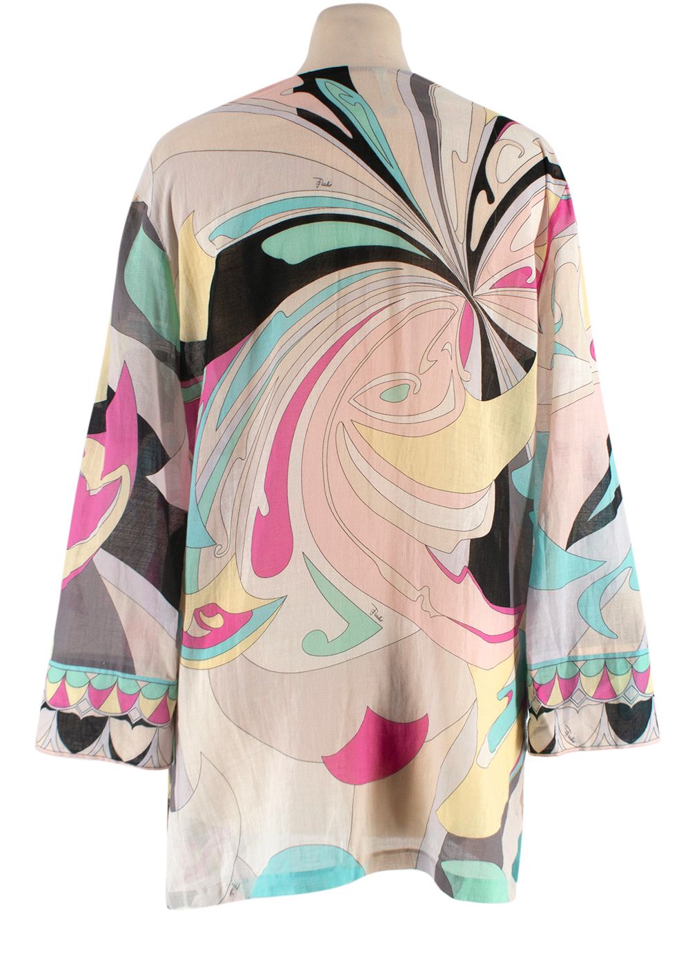 Preowned Emilio Pucci Abstract Pattern Cotton Lace-up Blouse Size L Black/White/Pink/Blue/Yellow/Green