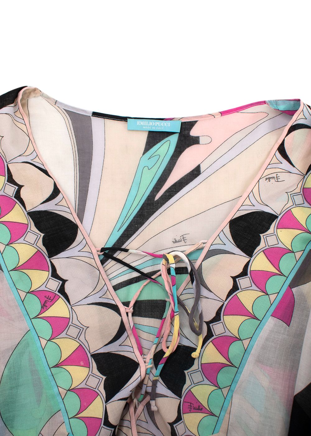 Preowned Emilio Pucci Abstract Pattern Cotton Lace-up Blouse Size L Black/White/Pink/Blue/Yellow/Green