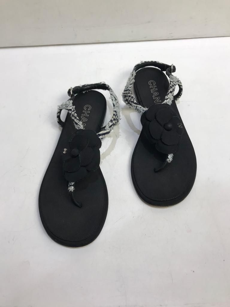 Preowned Chanel Black tweed Camelia sandals Size 38