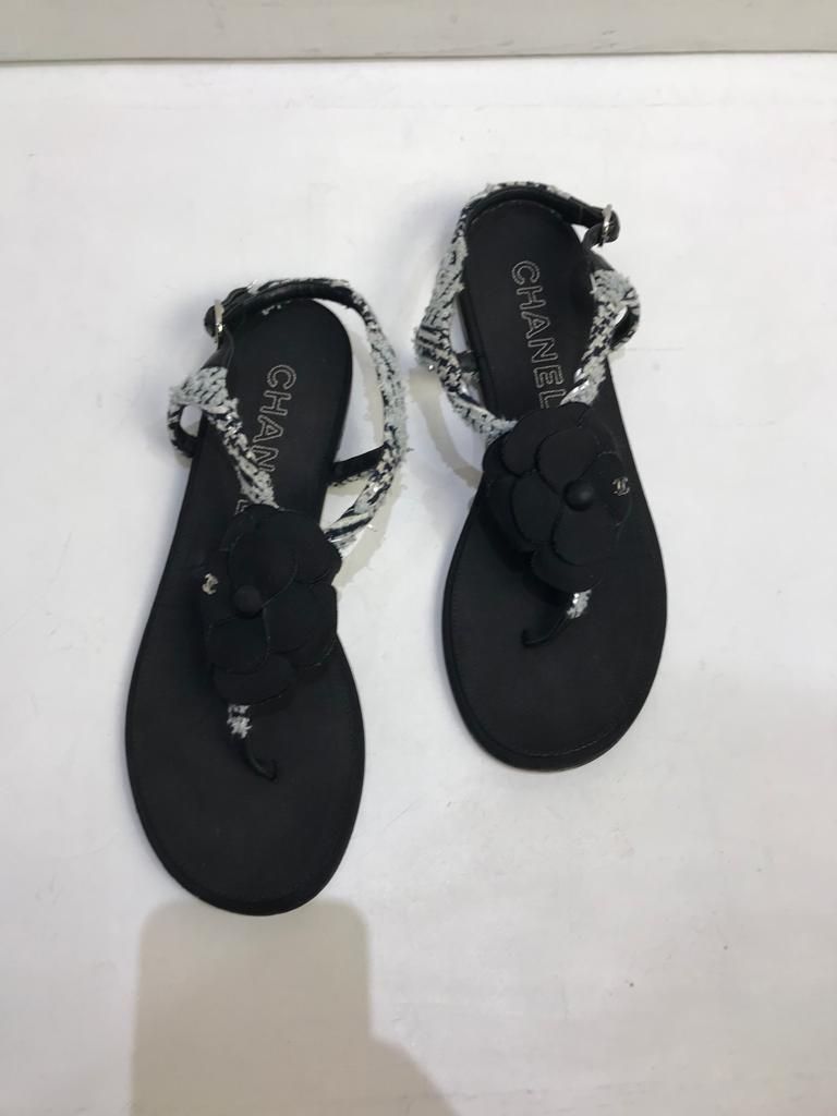 Preowned Chanel Black tweed Camelia sandals Size 38