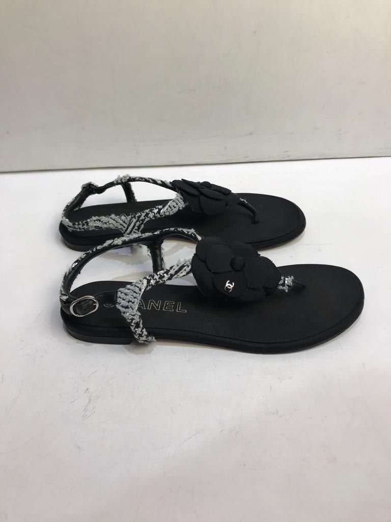 Preowned Chanel Black tweed Camelia sandals Size 38