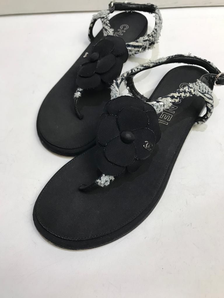 Preowned Chanel Black tweed Camelia sandals Size 38