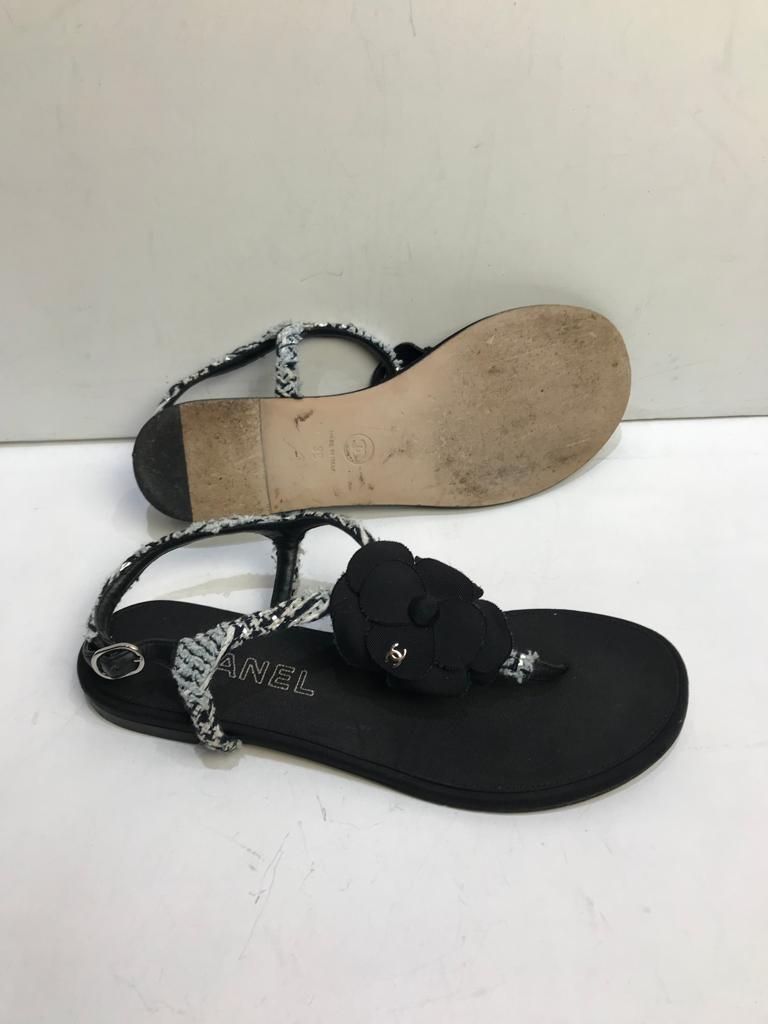 Preowned Chanel Black tweed Camelia sandals Size 38