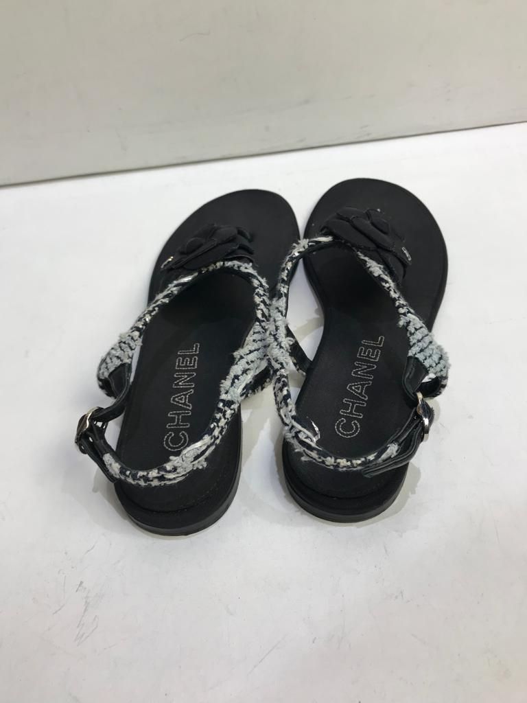 Preowned Chanel Black tweed Camelia sandals Size 38