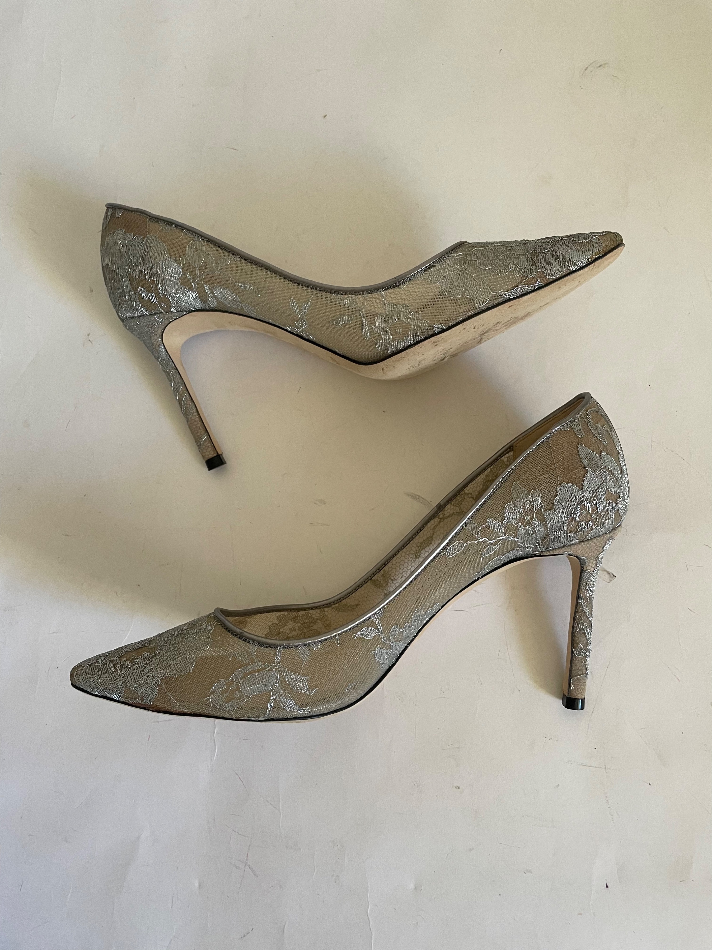 Preowned Jimmy Choo Romy 85 Metallic Lace Pumps Size 38