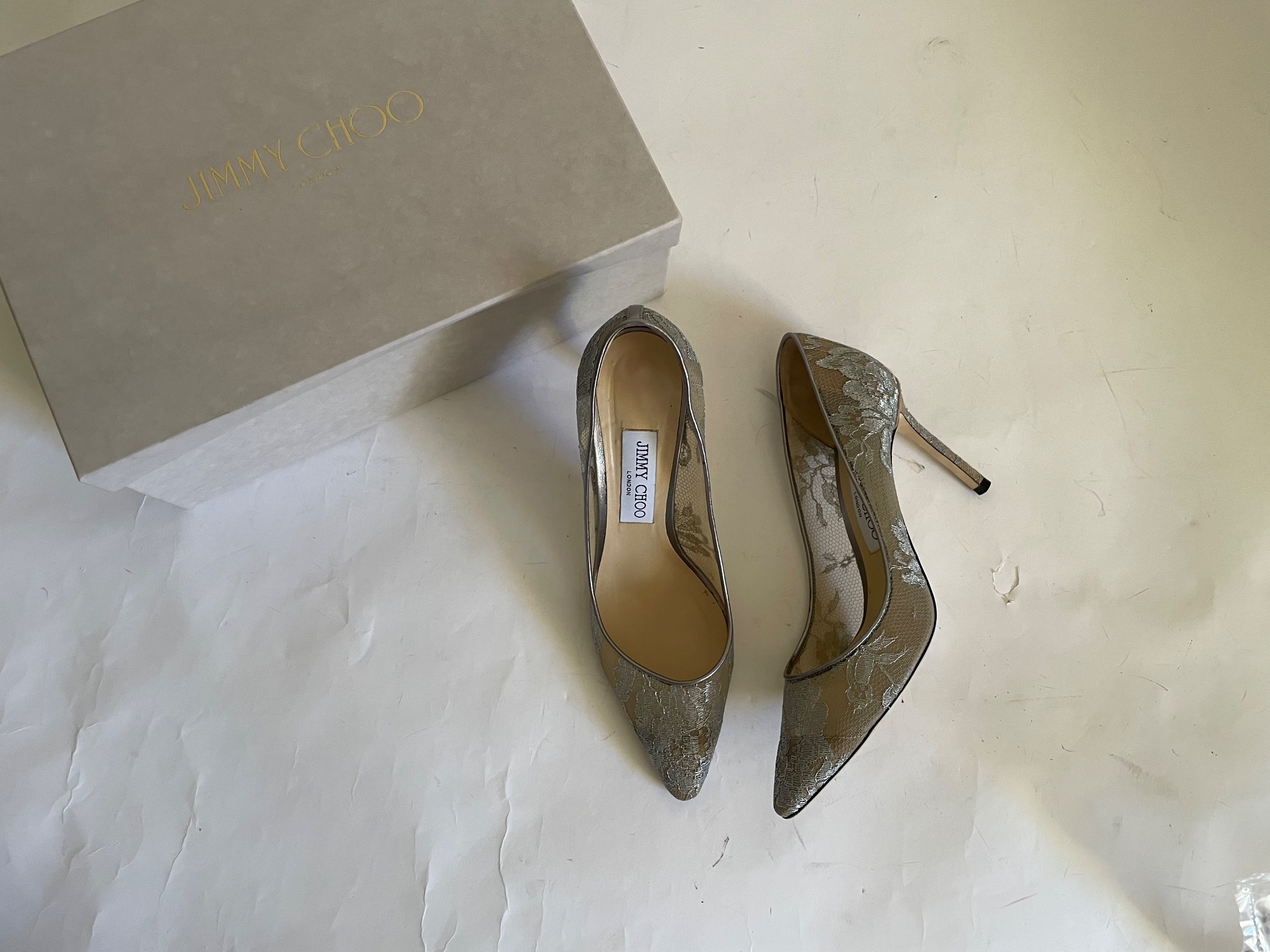 Preowned Jimmy Choo Romy 85 Metallic Lace Pumps Size 38