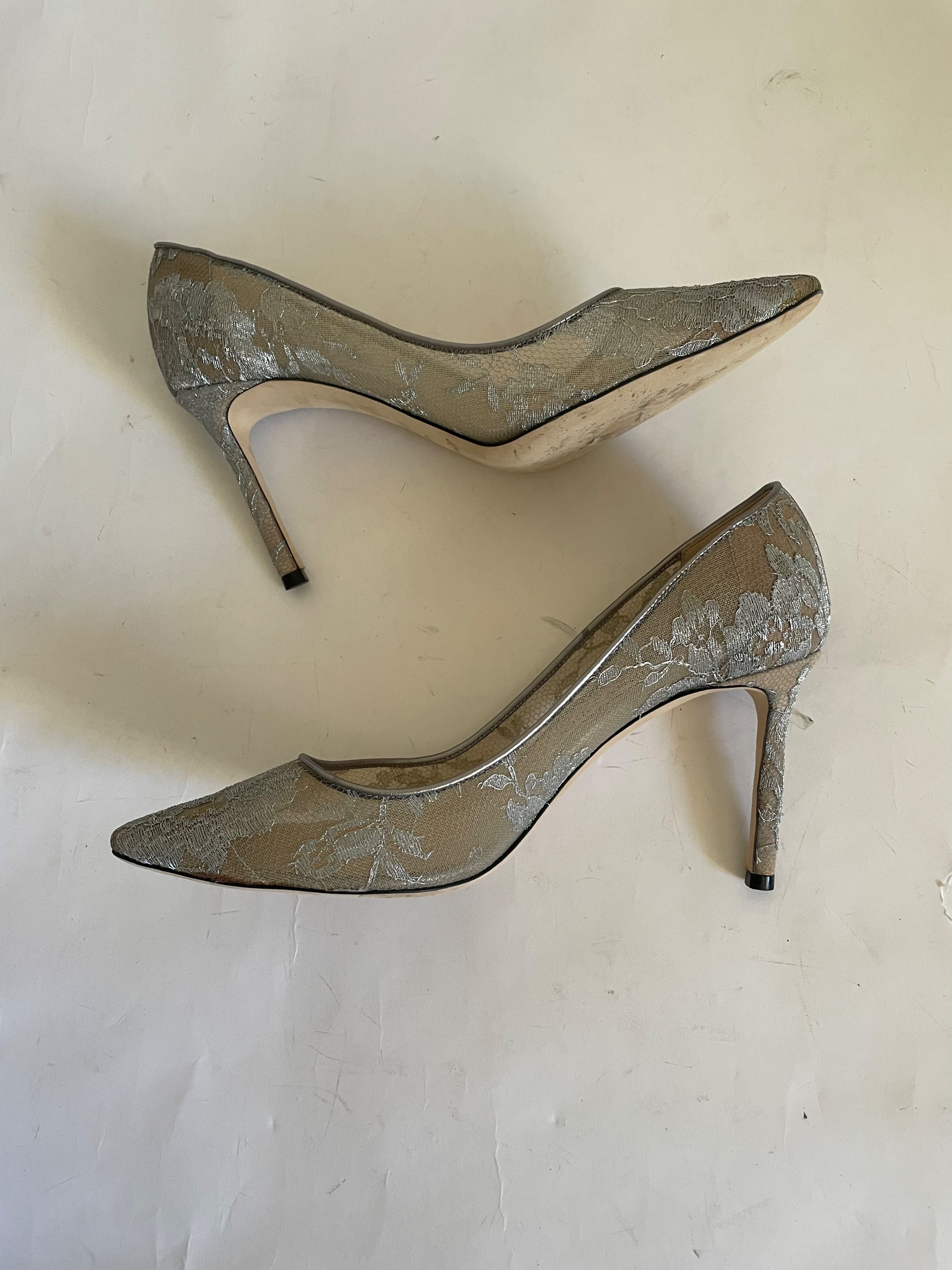 Preowned Jimmy Choo Romy 85 Metallic Lace Pumps Size 38