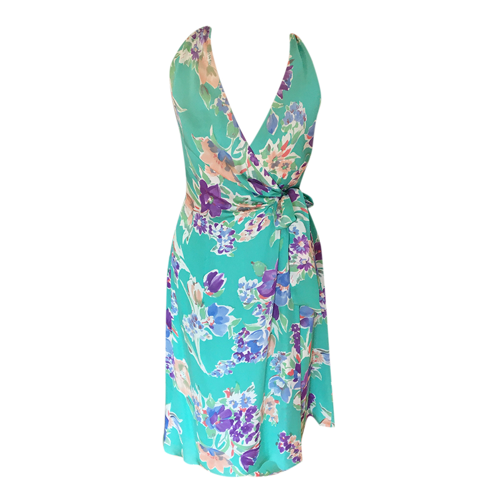 Preowned Ralph Lauren Purple Label Green Floral Halterneck Wrap Dress Size XS silk