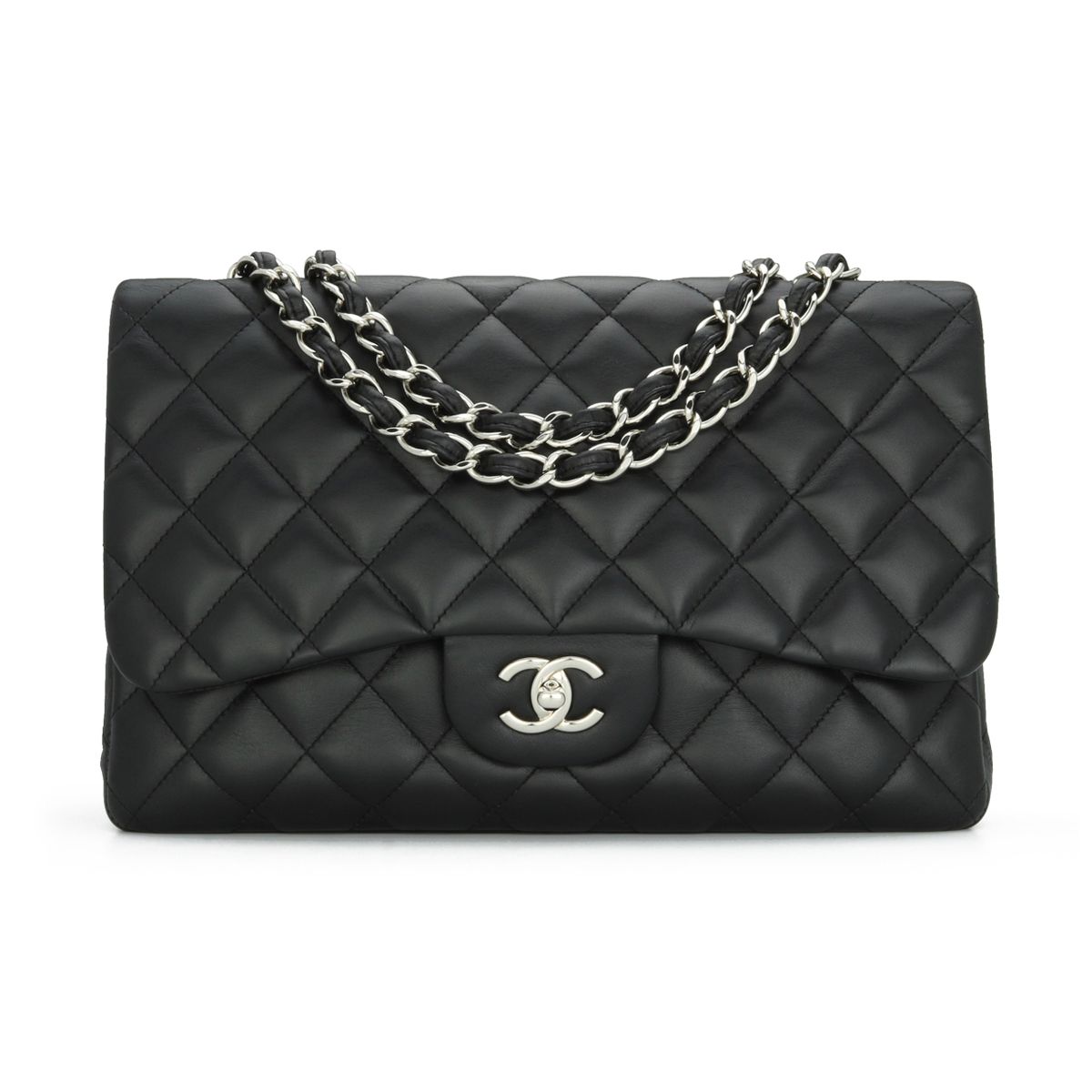 Preowned Chanel Black Lambskin Jumbo Single Flap Bag with Silver Hardware lambskin leather