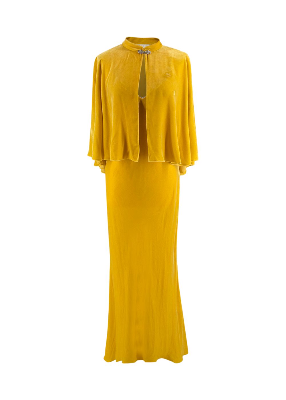 Preowned Crystal Embellished Yellow Velvet Gown  Cape Size S silk