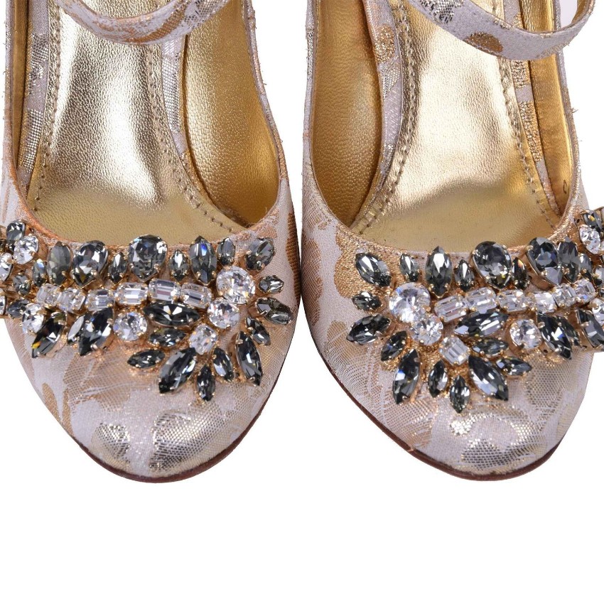 Dolce  Gabbana Brocade Crystal Mary Jane Pumps Size 35 Gold leather