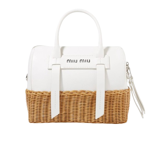 Preowned Miu Miu White Midollino Leather and Raffia Top Handle Bag