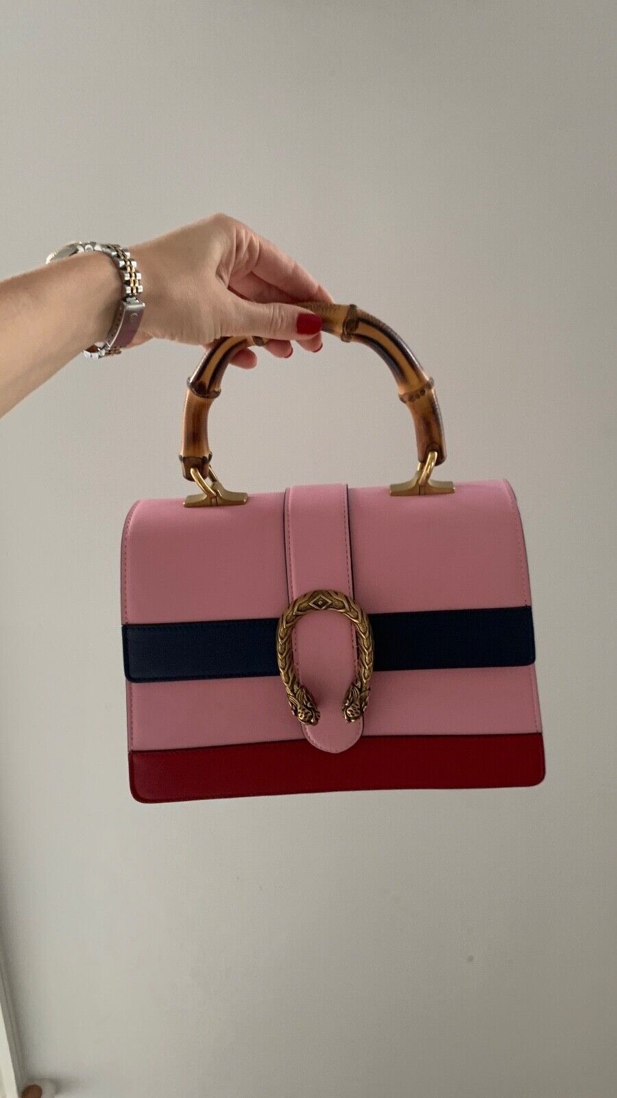 Preowned Gucci Pink Striped Bamboo Dionysus Pink, navy, red leather