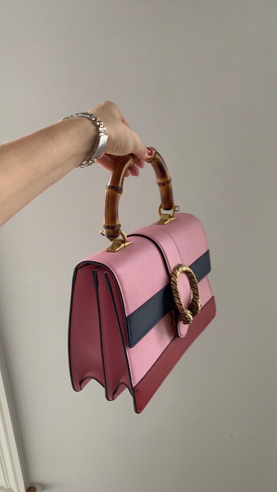 Preowned Gucci Pink Striped Bamboo Dionysus Pink, navy, red leather