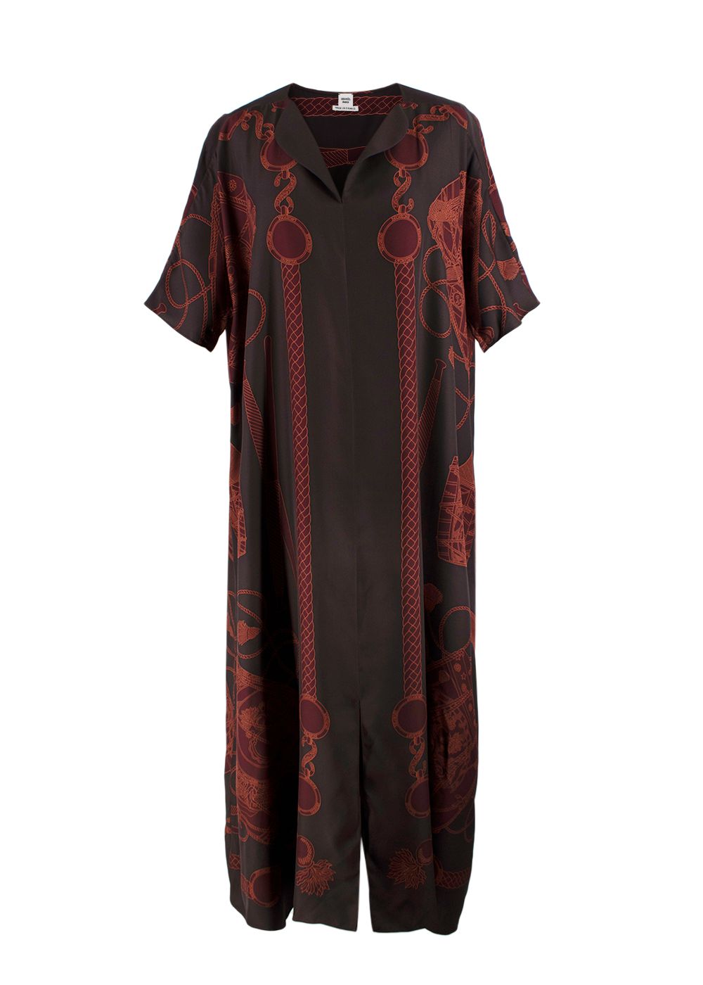 Hermes Marron Ebene Printed Silk Kaftan Size XS brown