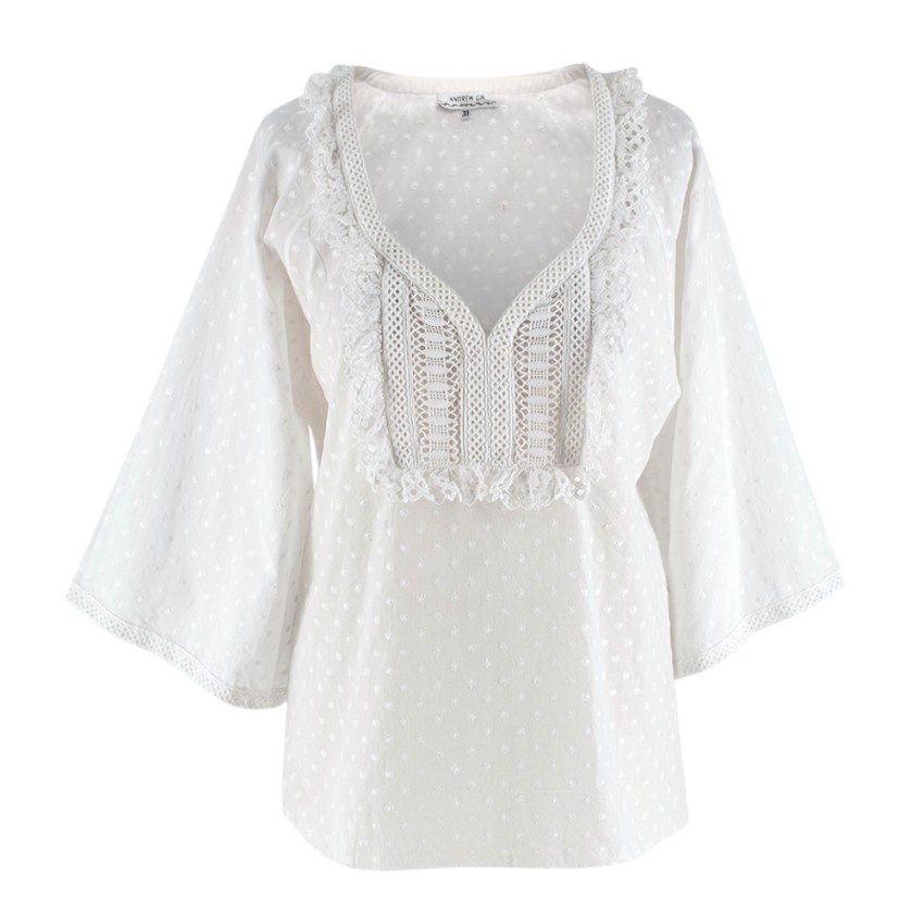 Preowned Andrew GN White Embroidered Peasant Top Size S cotton