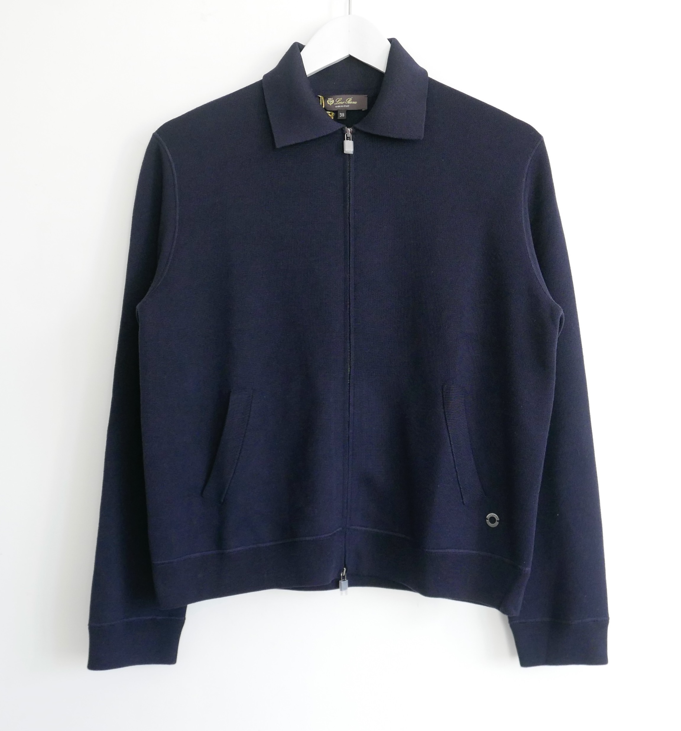 Loro Piana Beau Rivage knit bomber jacket Size S Navy silk