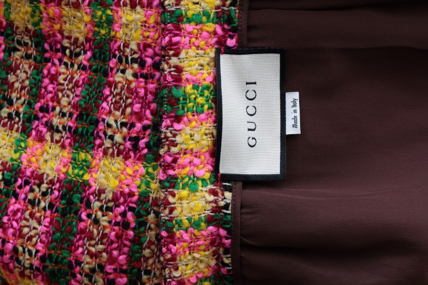 Preowned Gucci Yellow  Pink Tweed Wool Blend Midi Skirt Size XXS Multi-Coloured / Stripes silk