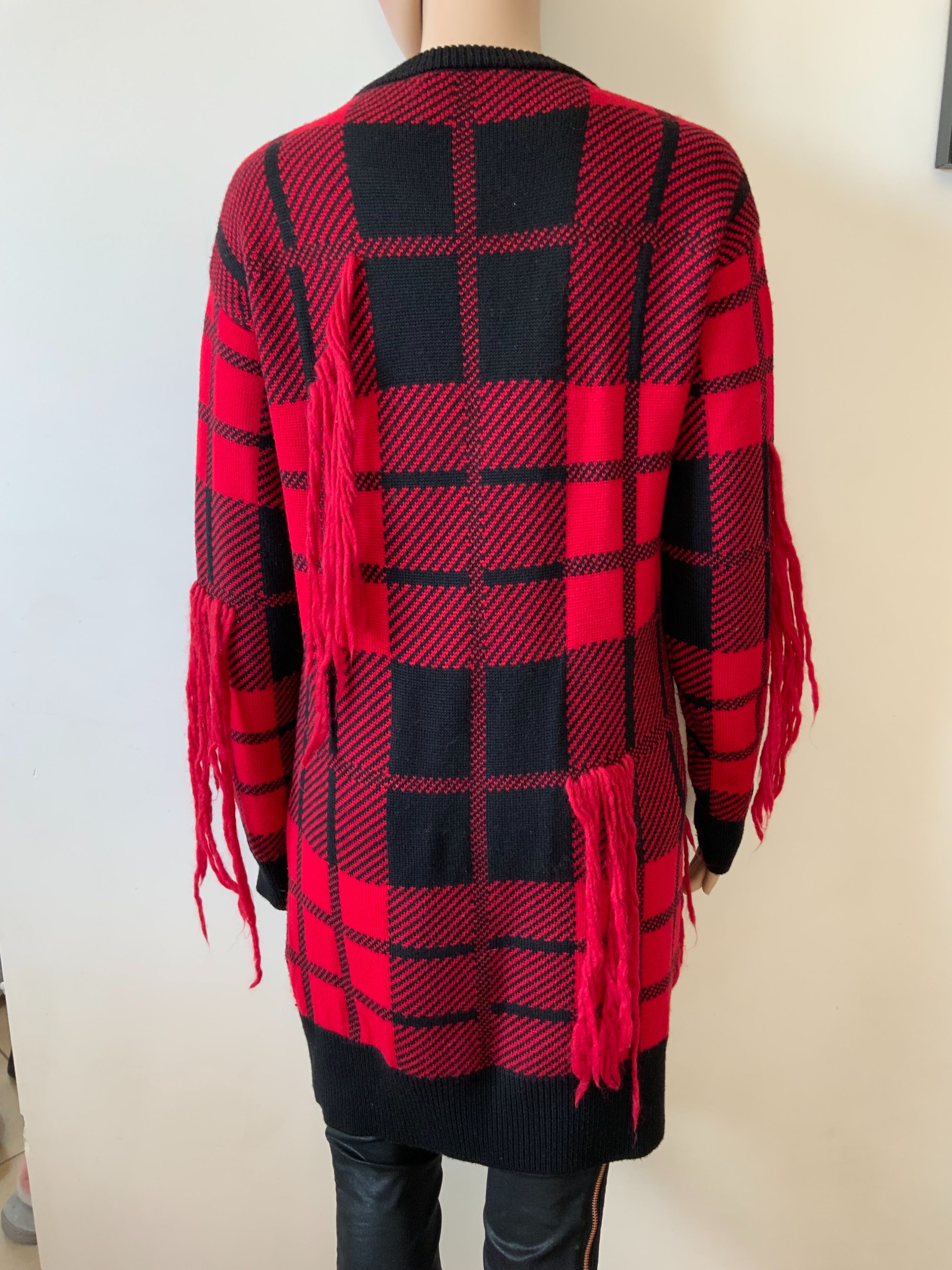 Preowned Philipp Plein Red  Black Plaid Knit Crystal Embellished Sweater Dress Size S Black red wool