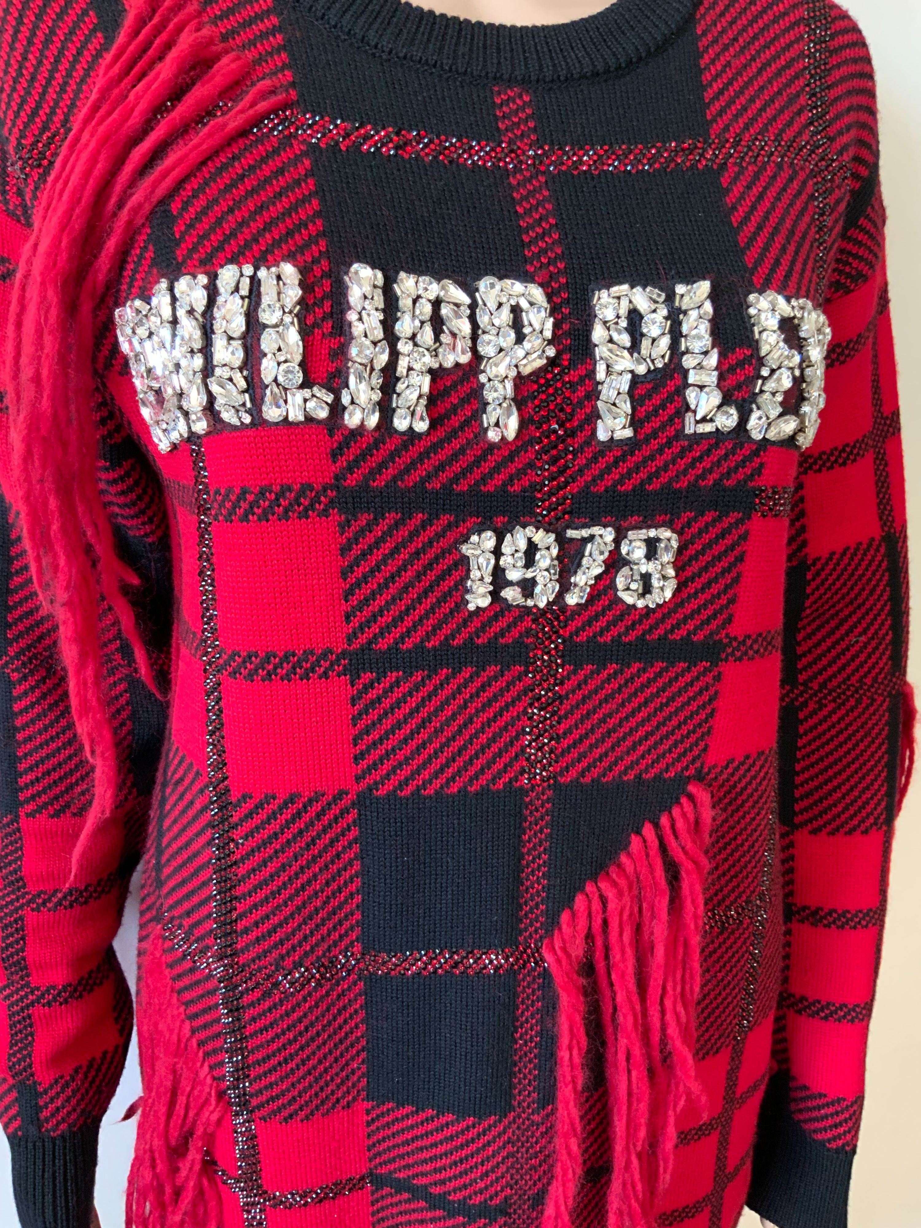 Preowned Philipp Plein Red  Black Plaid Knit Crystal Embellished Sweater Dress Size S Black red wool