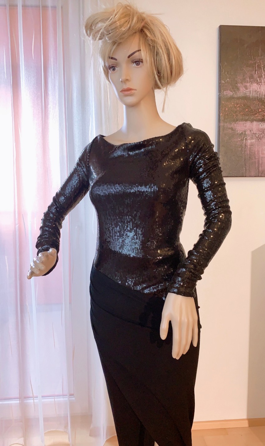 Preowned Donna Karan Sequin Embellished Stretch Jersey Gown Size XS Black polyester