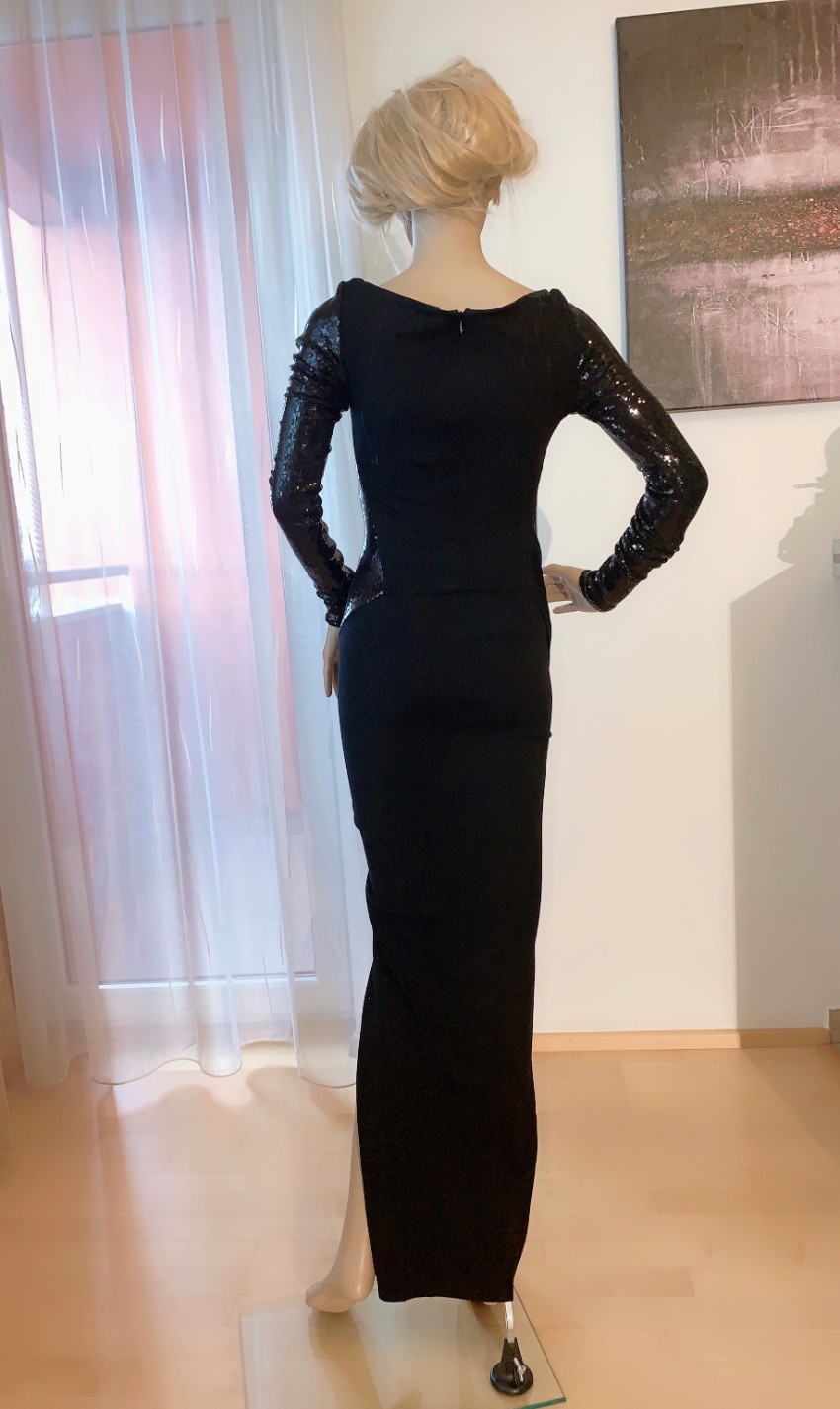 Preowned Donna Karan Sequin Embellished Stretch Jersey Gown Size XS Black polyester