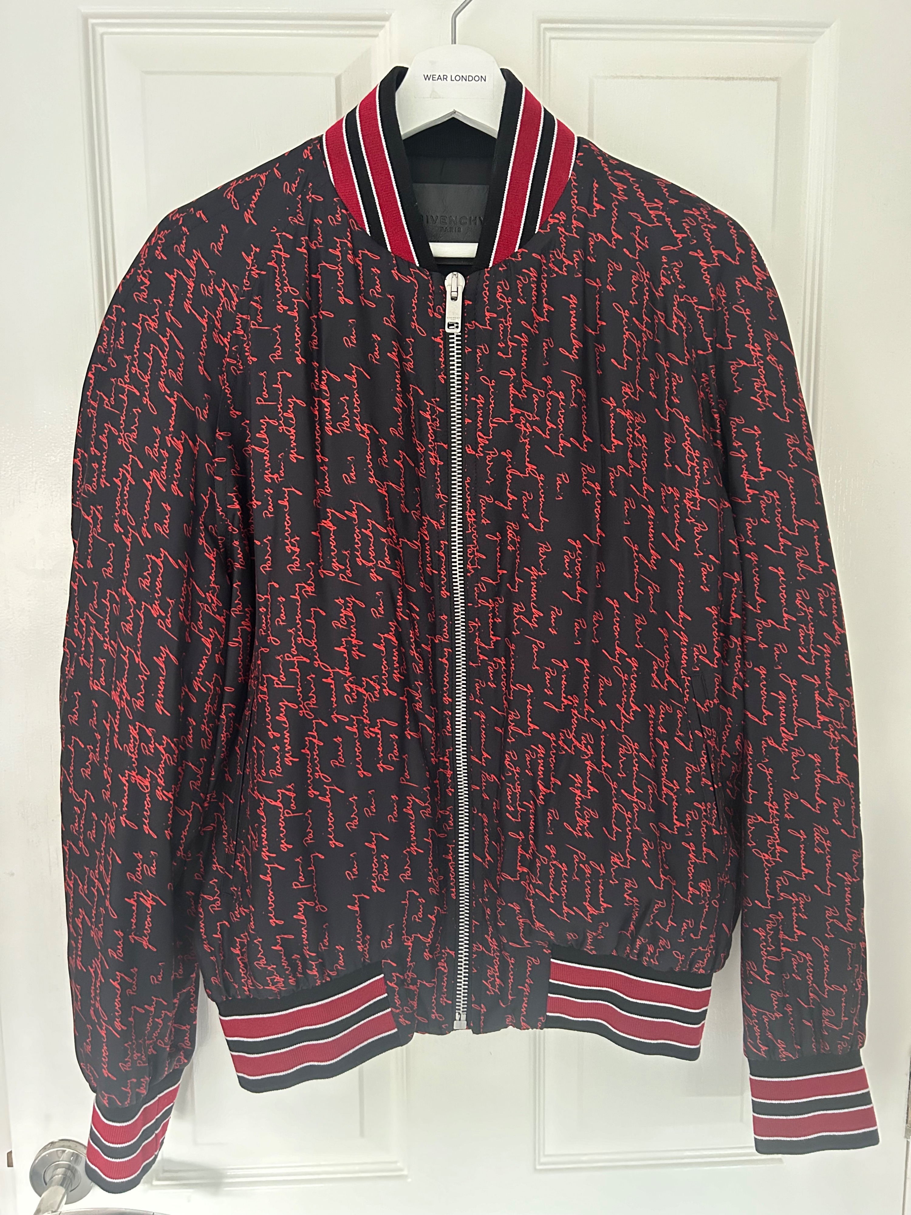 Men's Preowned Givenchy Black and Red Silk Bomber Jacket Size M Red  navy