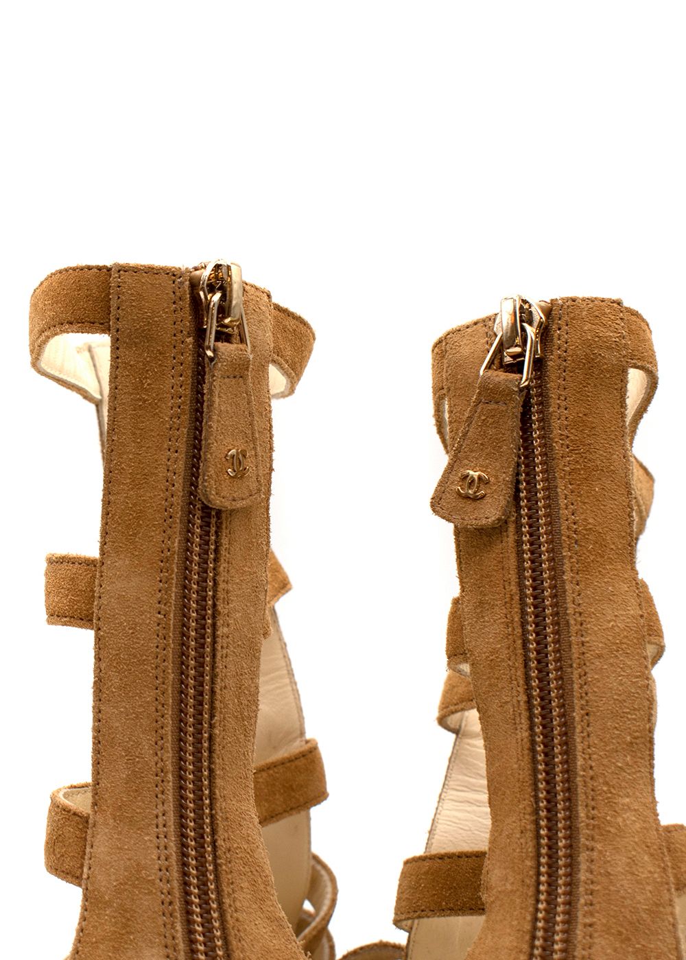 Preowned Chanel Tan Suede Block Heel Gladiator Sandals Size 37