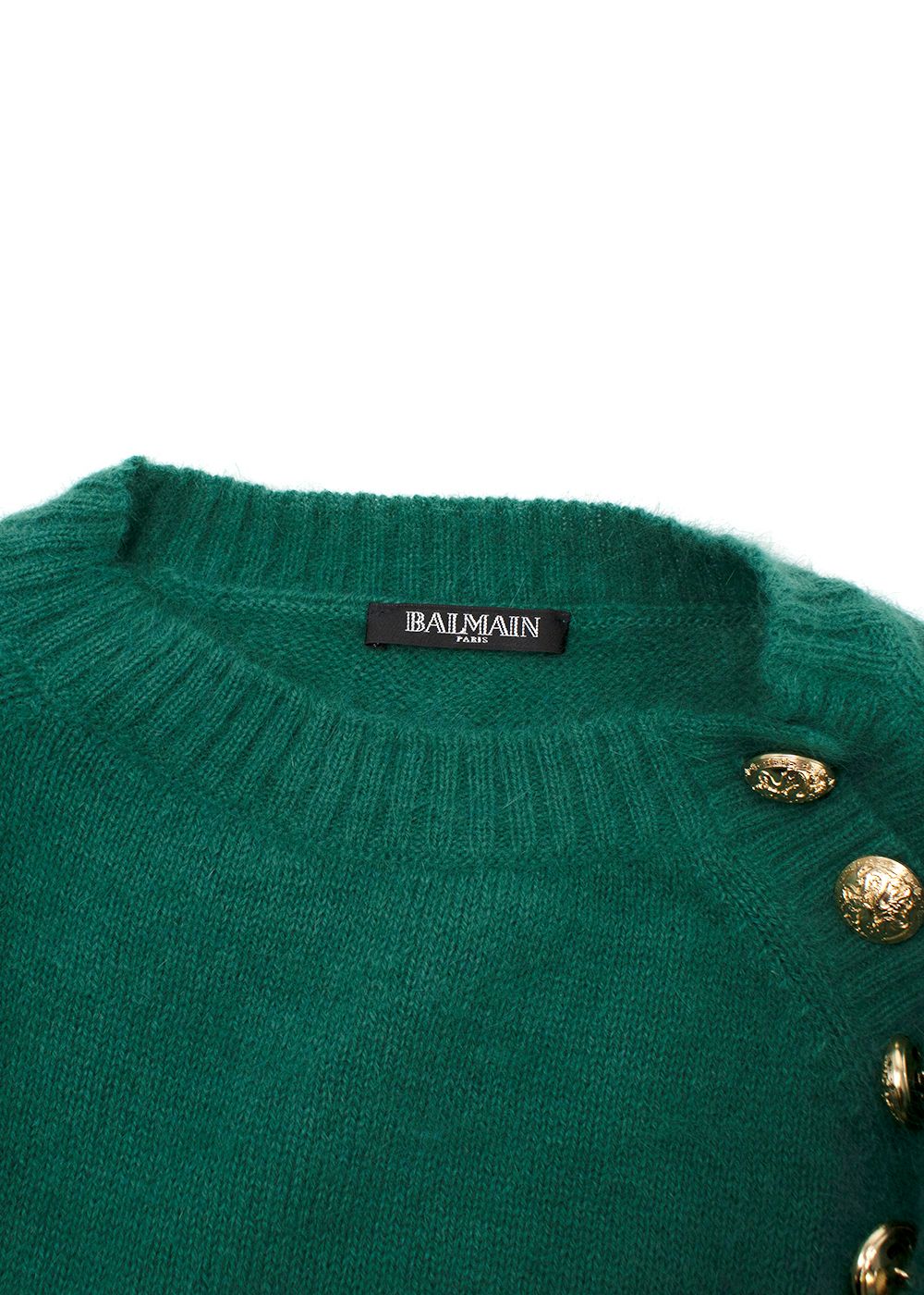 Balmain Green Jumper with Gold Button Detail Size S Emerald Green wool