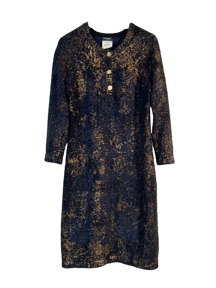 Chanel Paris/Byzance Gold Coated Navy Cashmere Dress Size S