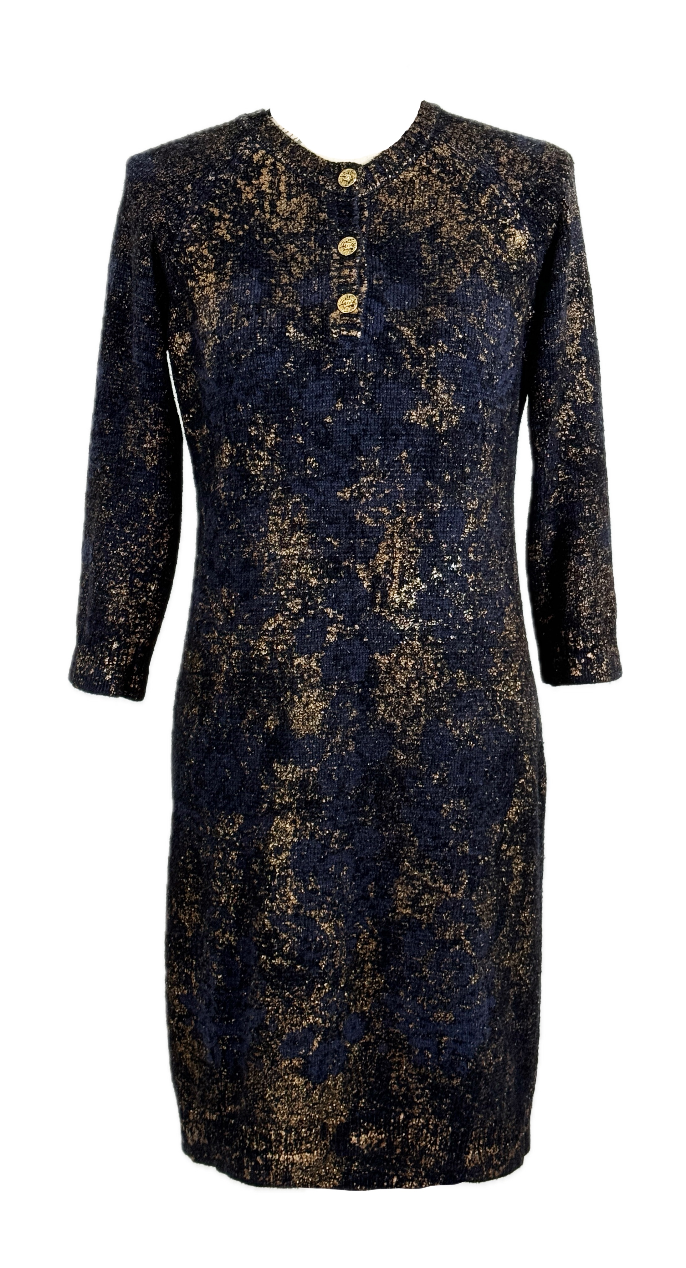 Chanel Paris/Byzance Gold Coated Navy Cashmere Dress Size S