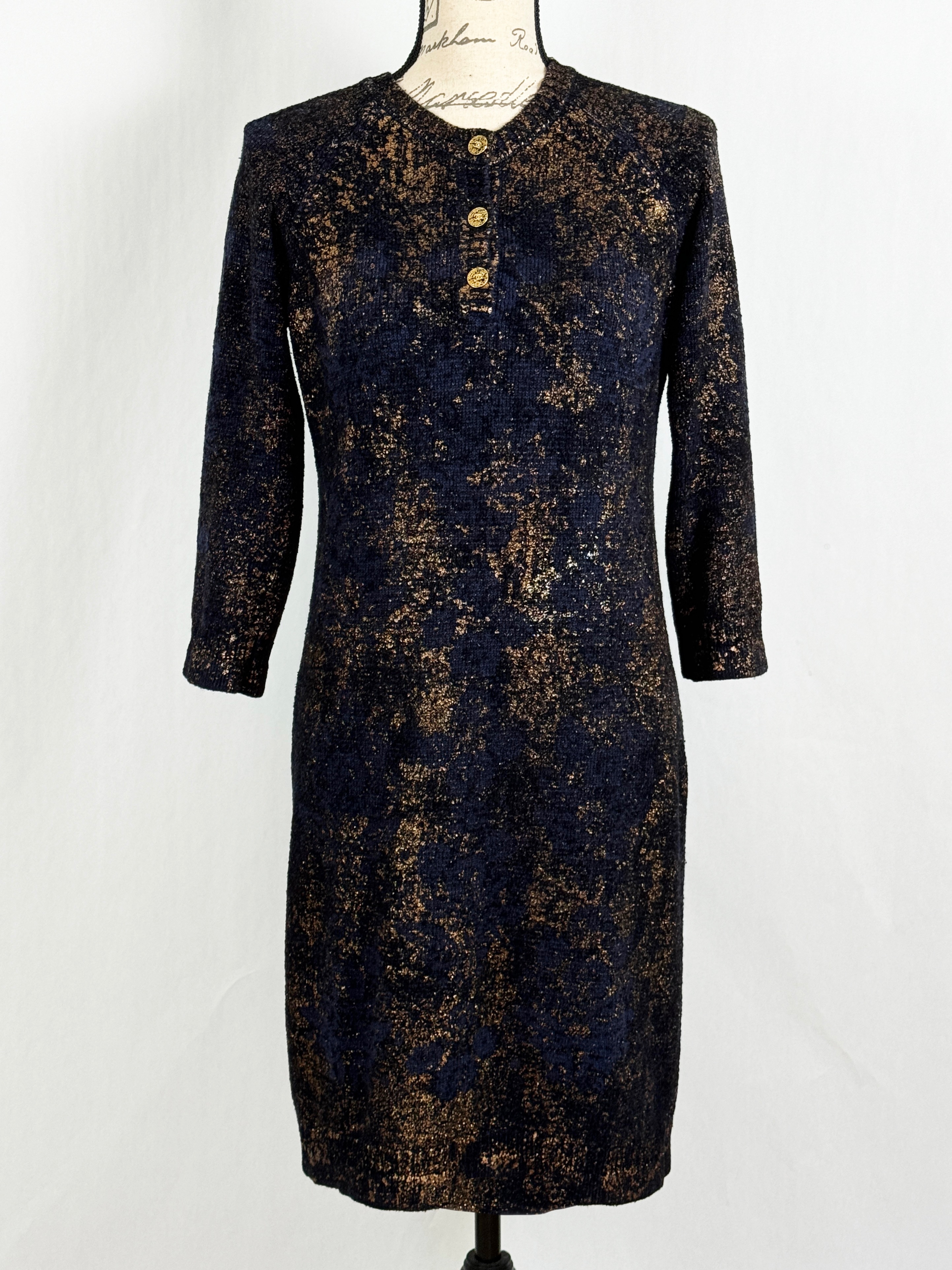 Chanel Paris/Byzance Gold Coated Navy Cashmere Dress Size S