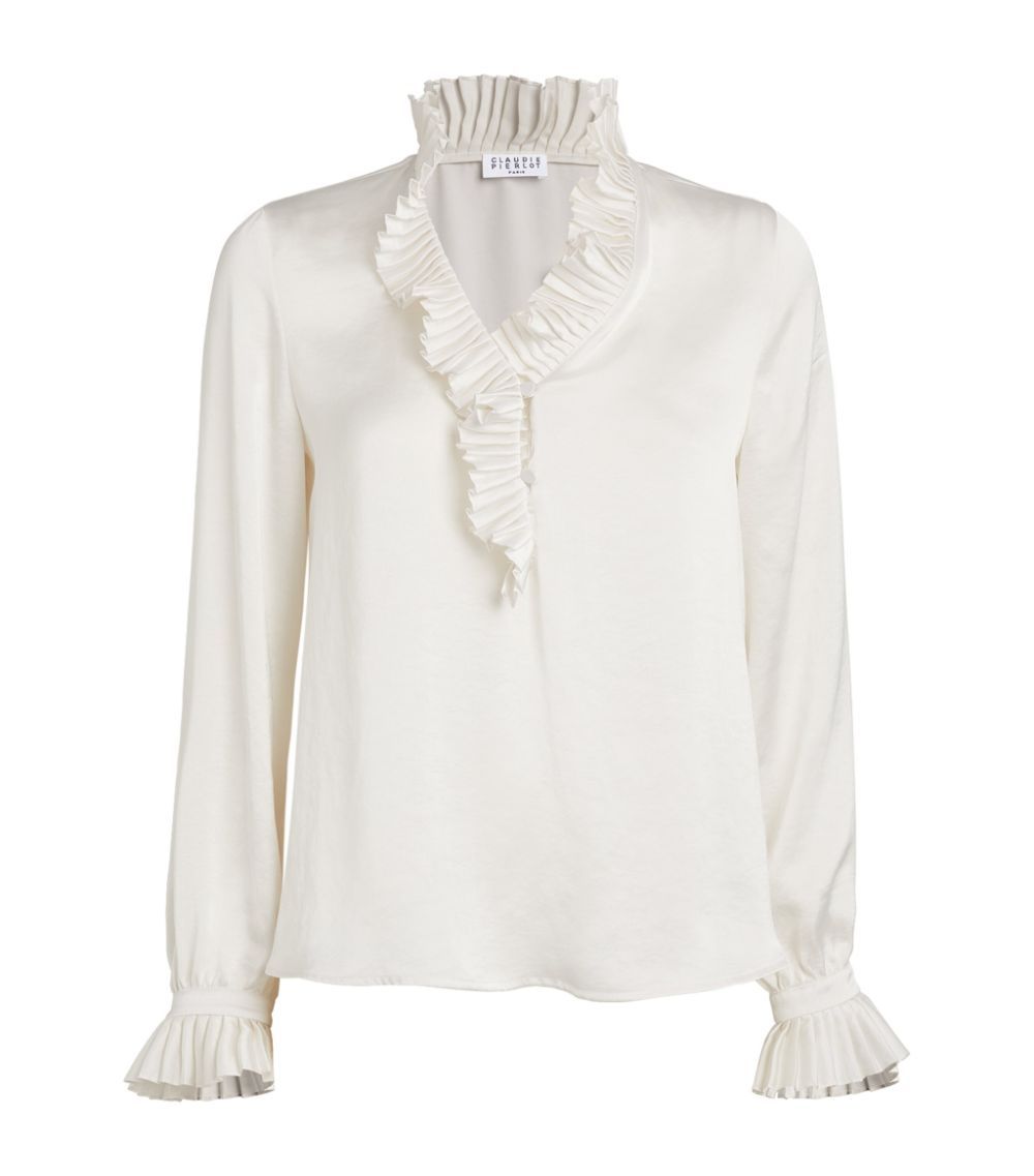 Claudie Pierlot Ivory Satin Blouse with Ruffled Trim Size XS polyester