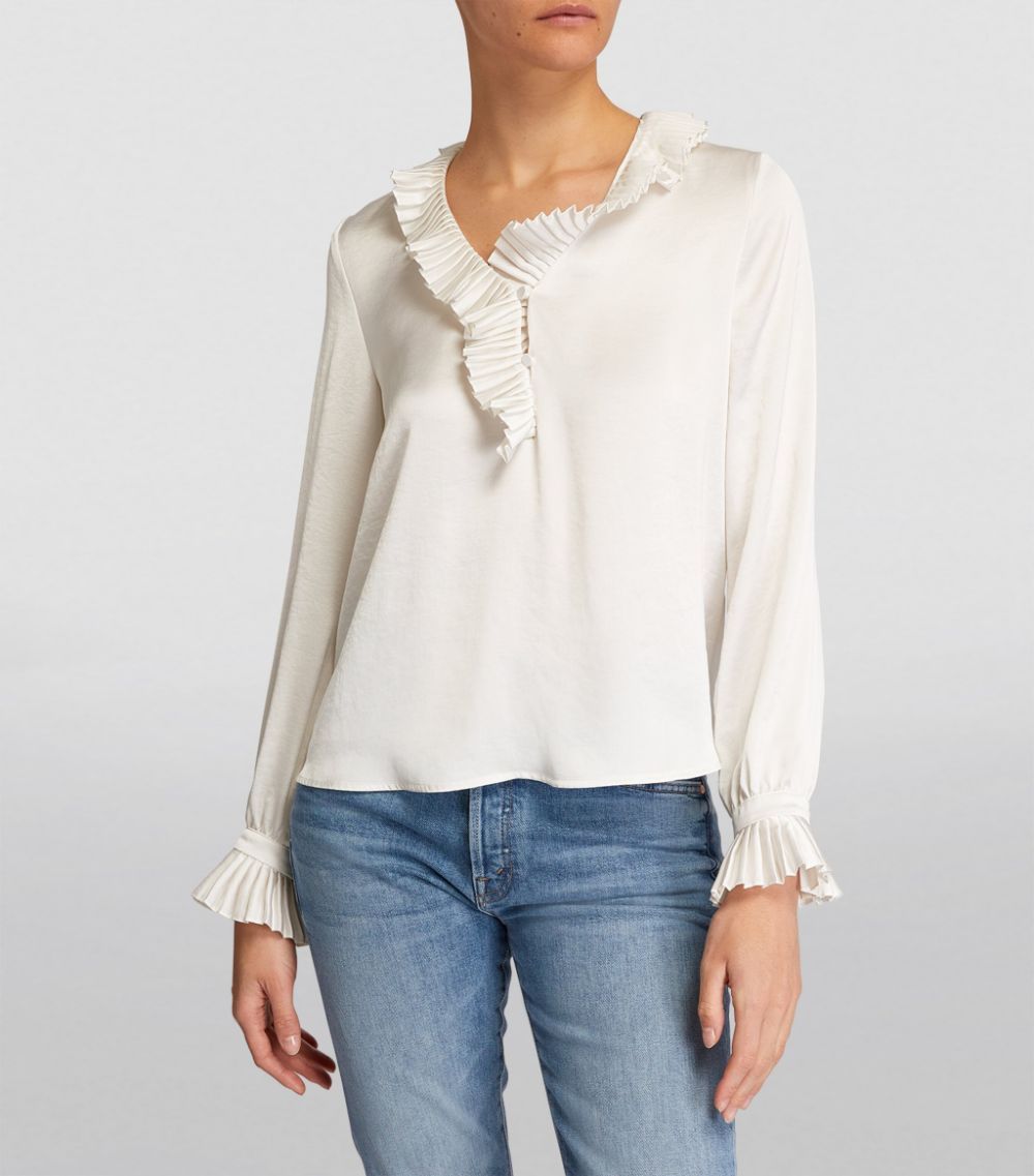 Claudie Pierlot Ivory Satin Blouse with Ruffled Trim Size XS polyester