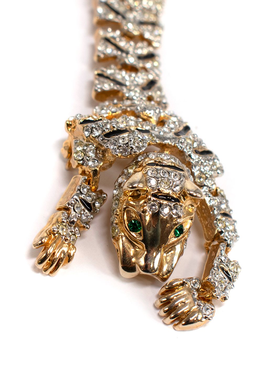 Bespoke Rhinestone Tiger Brooch Pin Gold/green/black gold toned metal