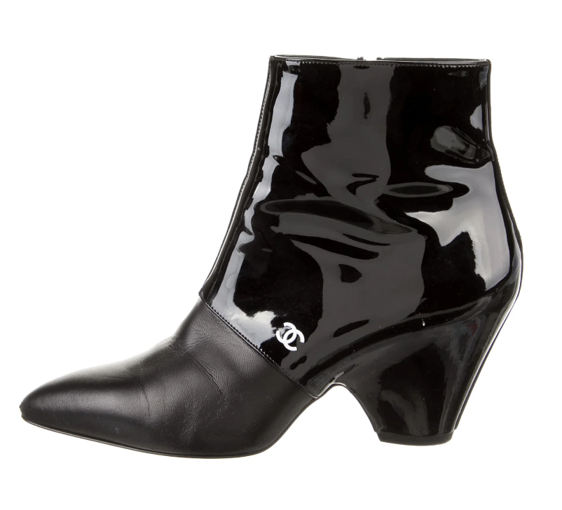 Chanel CC Logo Patent Leather Pointed Toe Ankle Boots Size 37