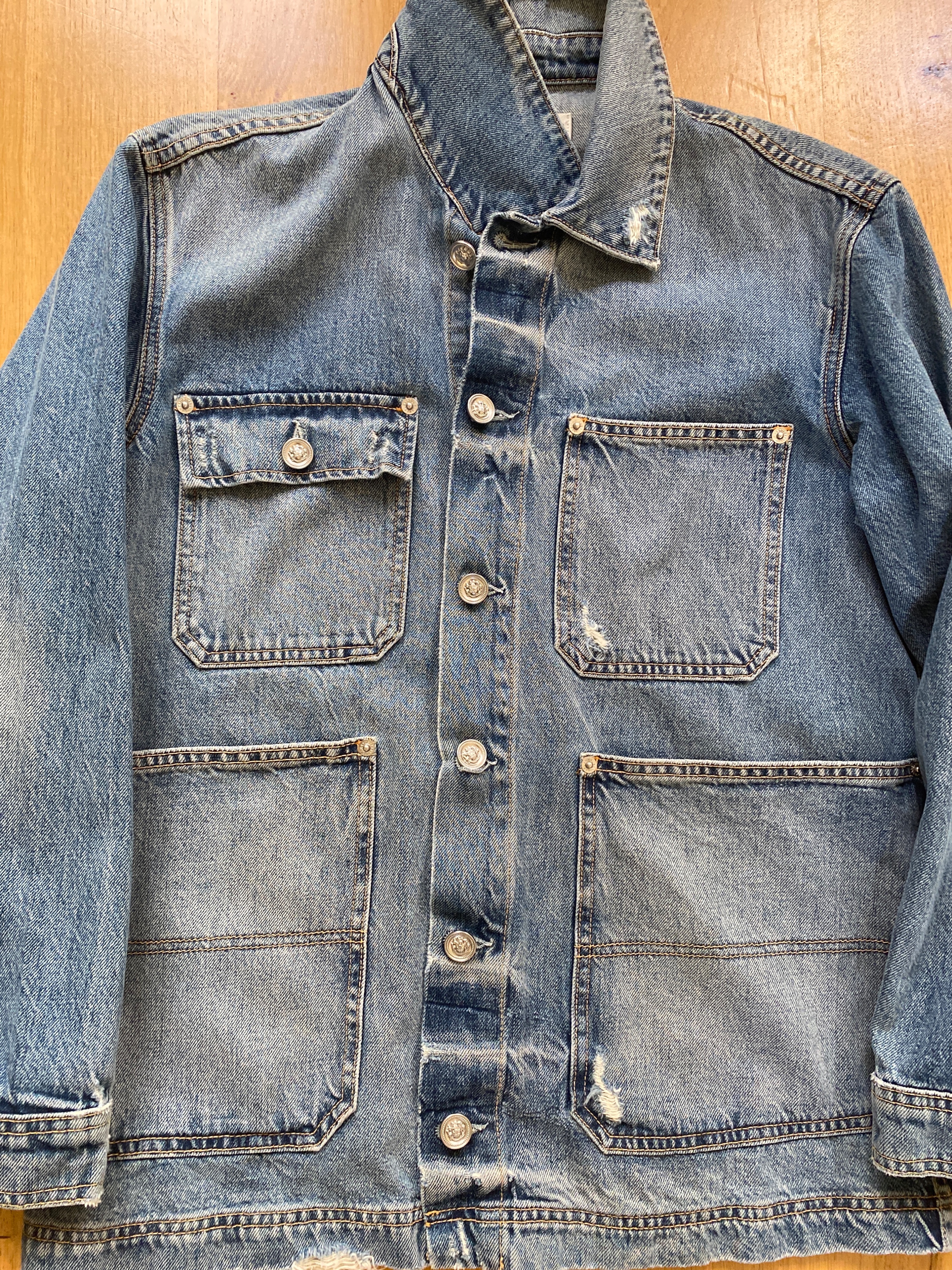 SLVRLAKE Distressed Denim Worker Utility Jacket Size S Blue