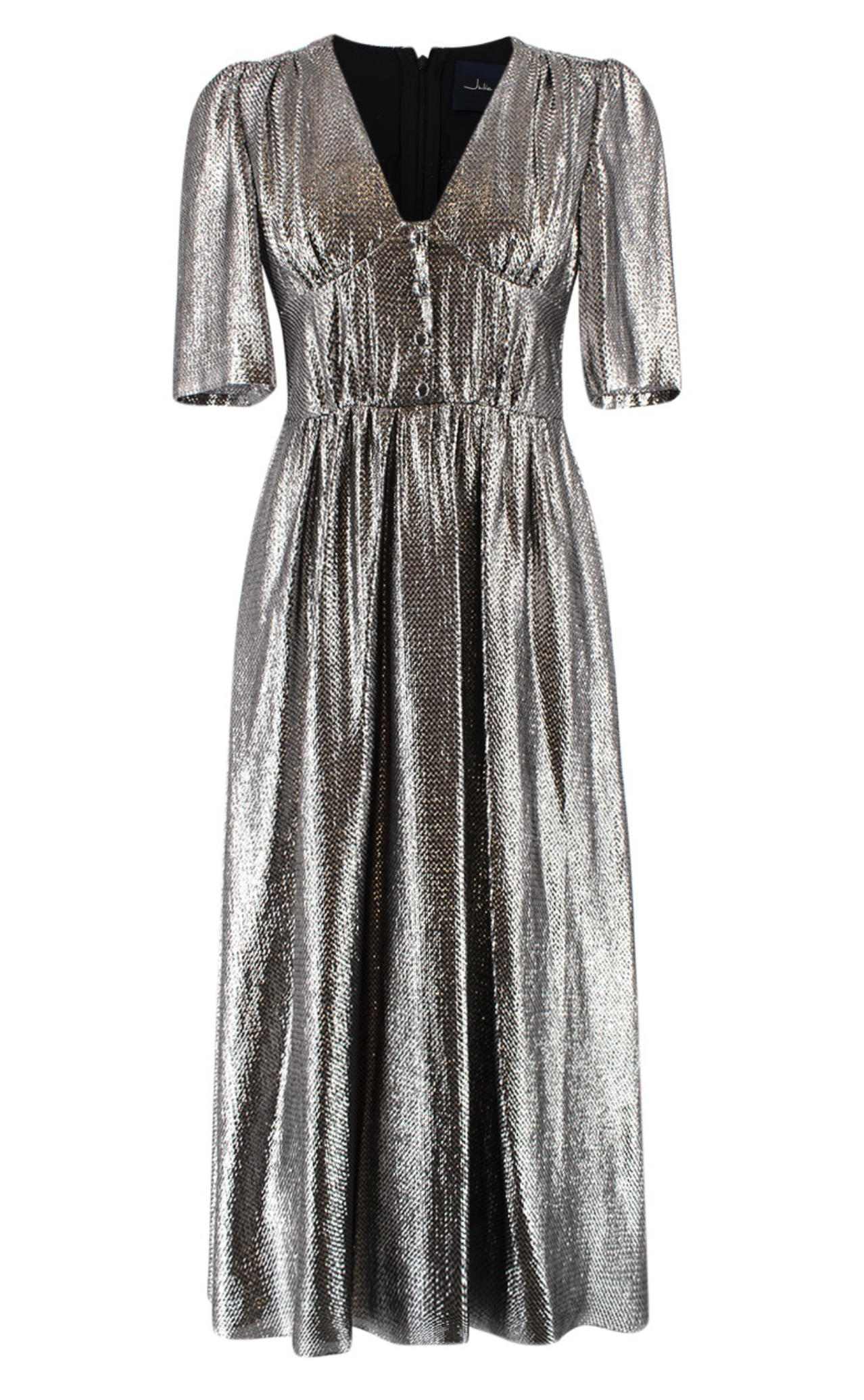 Preowned Julie De Libran Metallic Button-Down Tea Dress Size 36 silver glitter