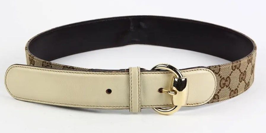 Preowned Gucci Leather  Canvas Horsebit Ring Belt - Size 90 Cream