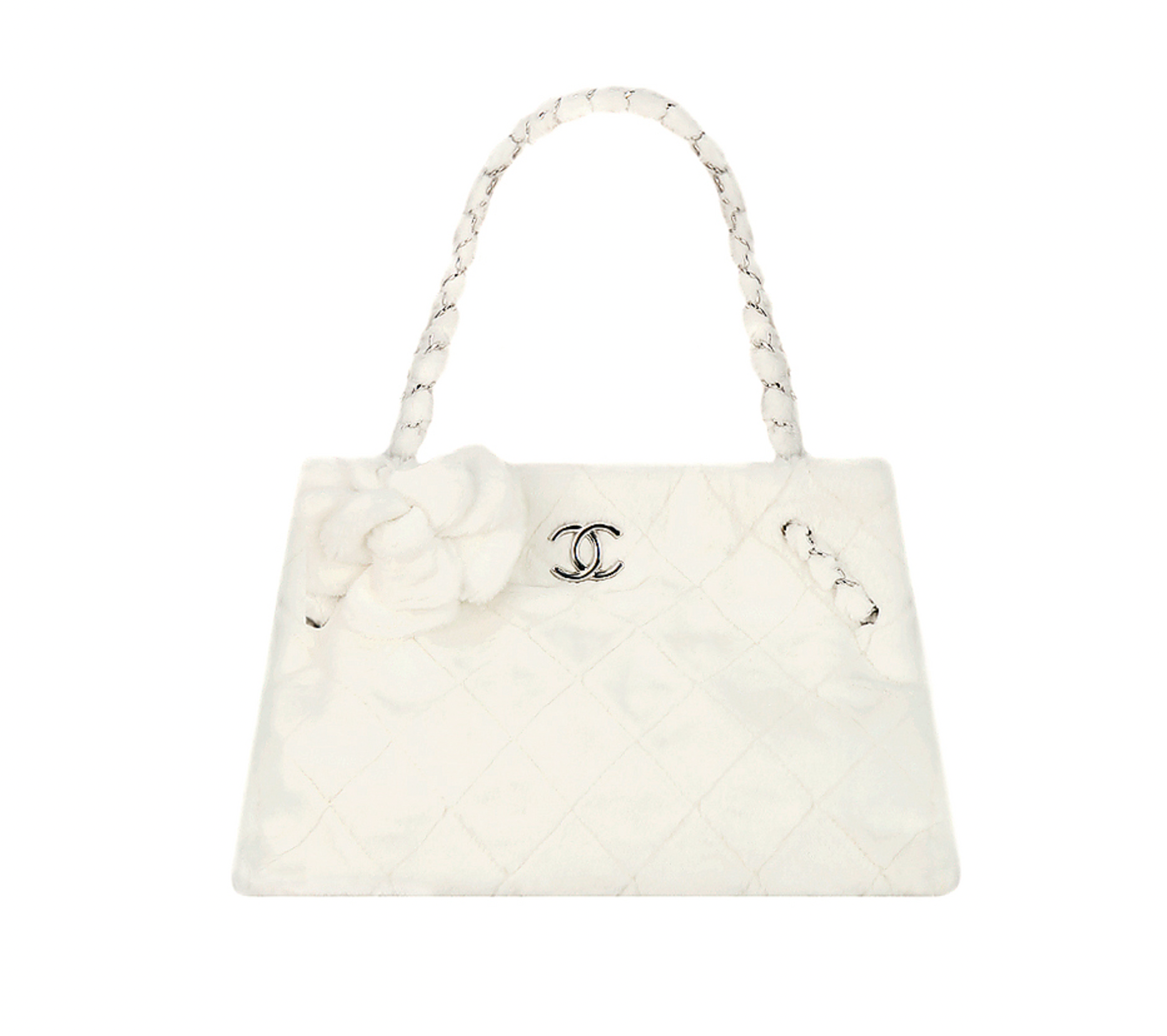 Preowned Chanel White Faux Fur Quilted Tote Bag Size M