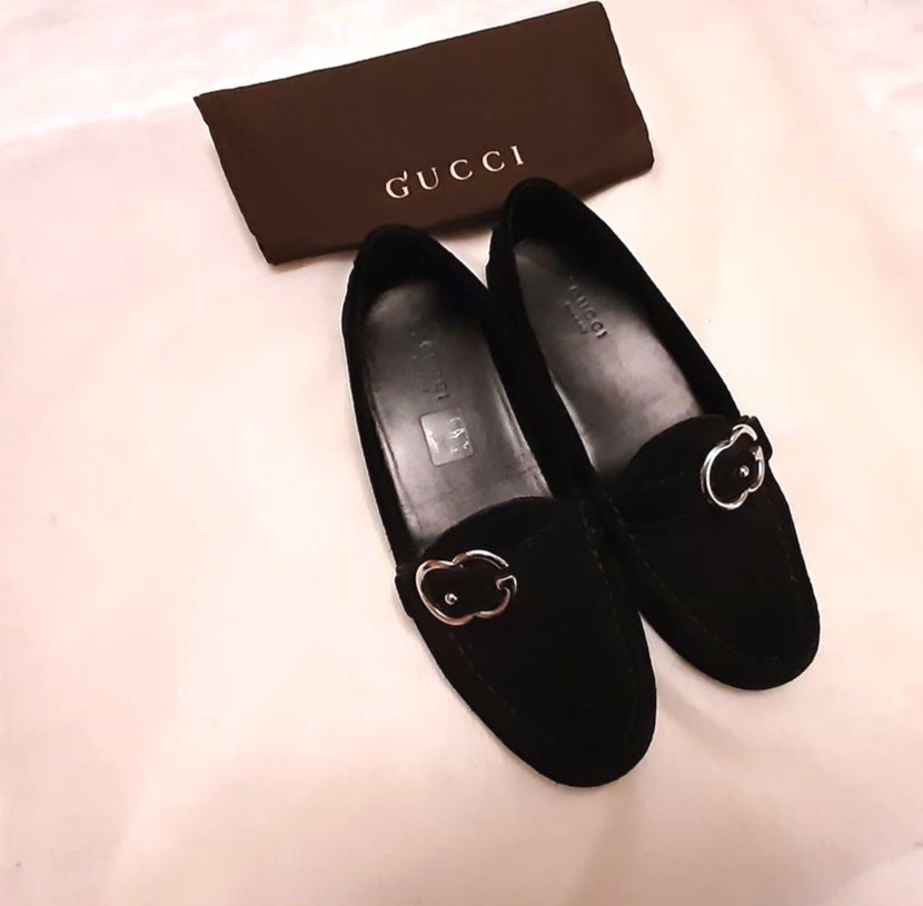 Preowned Gucci Black Suede Interlocking G Loafers Size 37