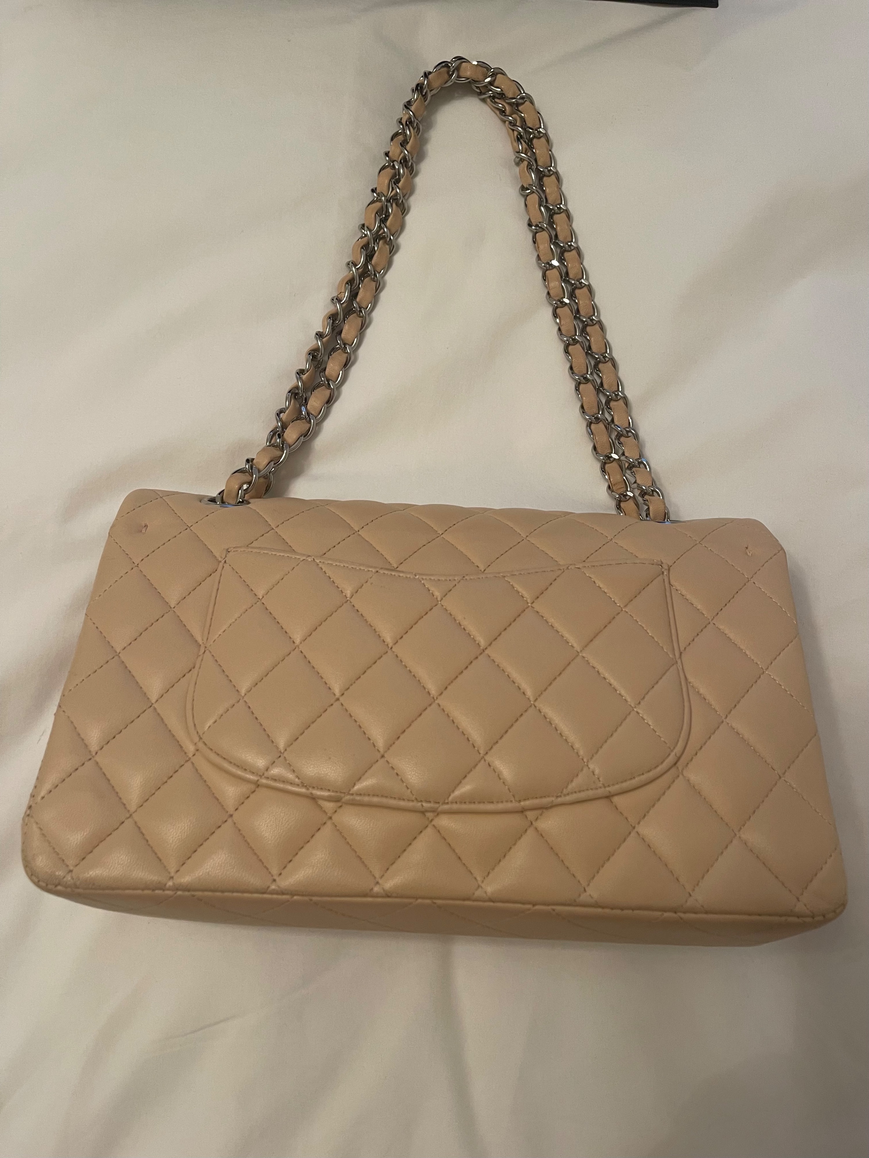 Preowned Chanel Beige Quilted Leather Double Flap Bag Size M lambskin leather