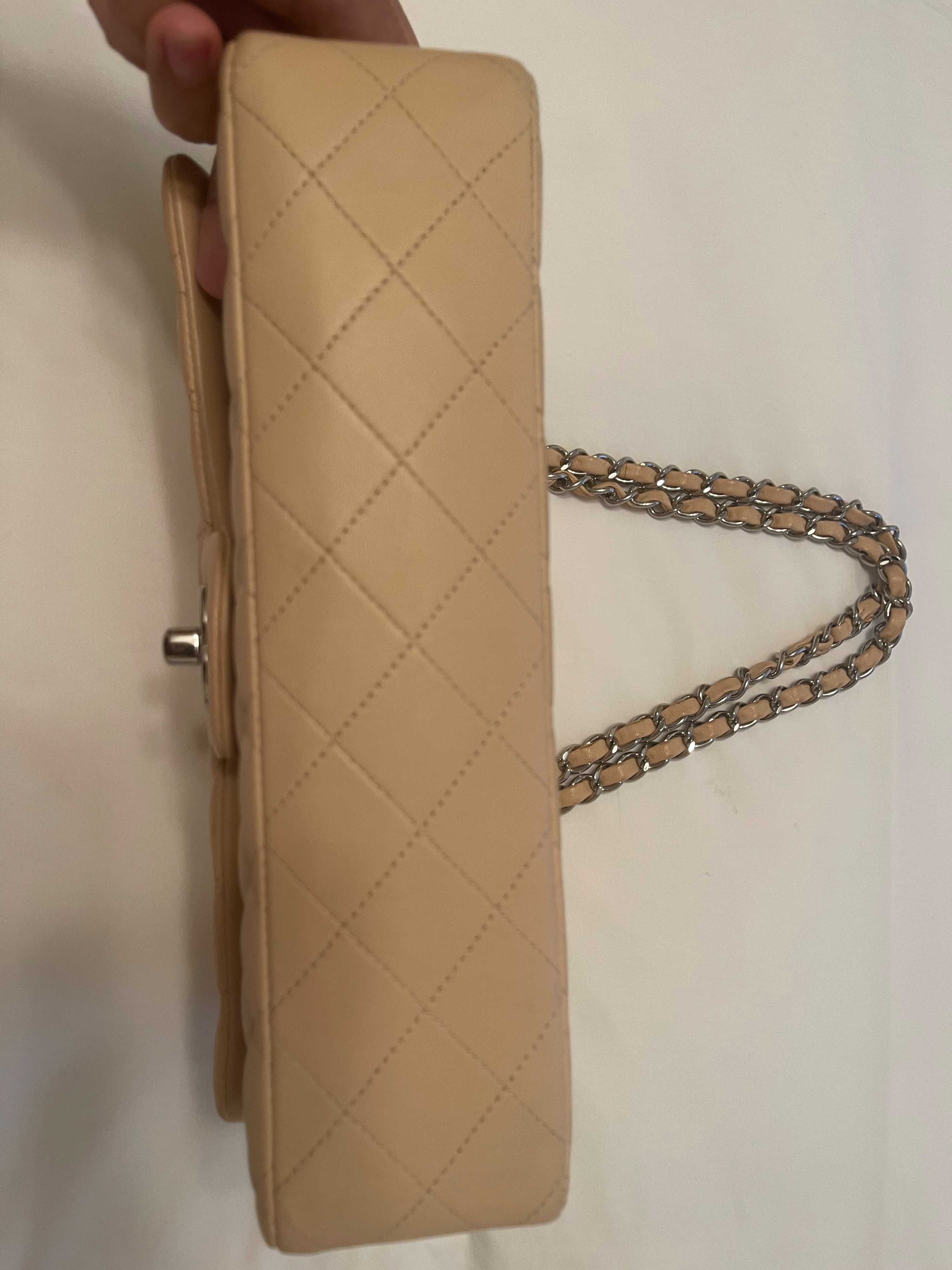 Preowned Chanel Beige Quilted Leather Double Flap Bag Size M lambskin leather