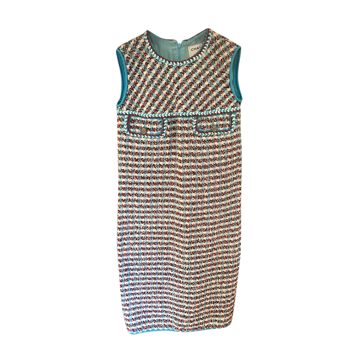 Preowned Chanel Turquoise Cuba Tweed Sleeveless Dress Size XS Blue